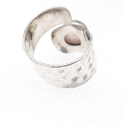 925 Sterling Silver Vintage Real Rose Quartz Hammered Adjustable Ring Size 7.5