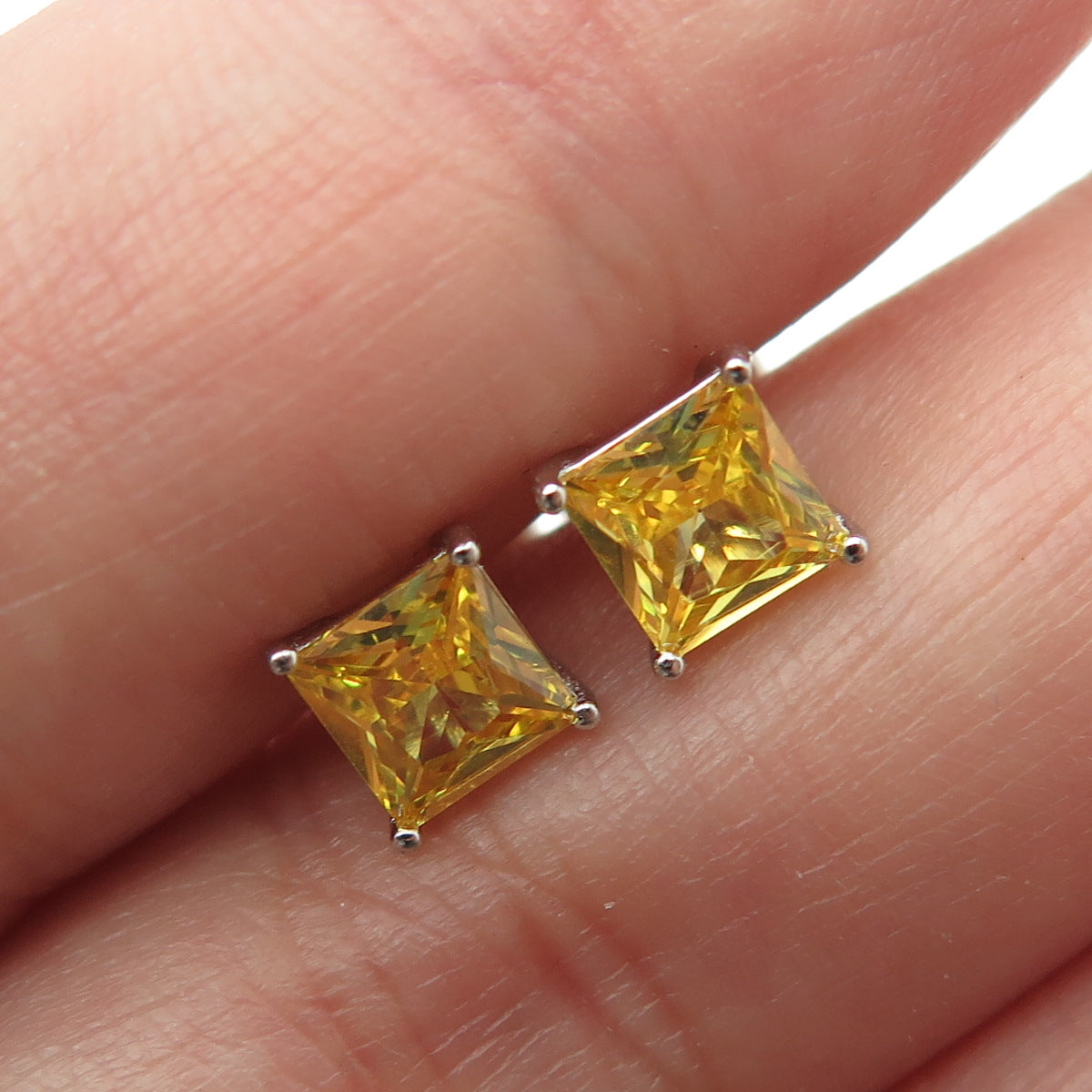 925 Sterling Silver Princess-Cut Shaped Canary C Z Stud Earrings