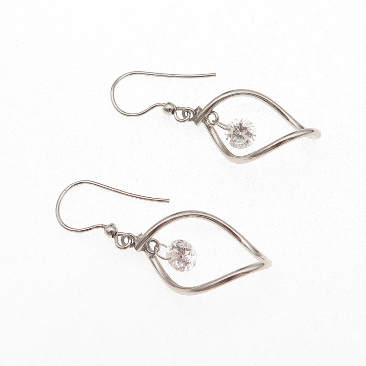 925 Sterling Silver Vintage Italy Round-Cut C Z Modernist Petal Dangle Earrings