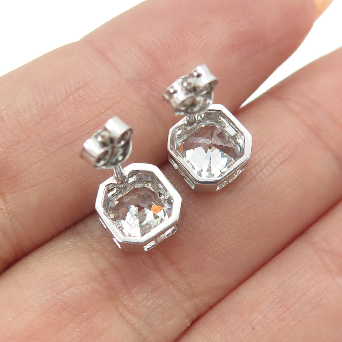 925 Sterling Silver Cushion-Cut Shaped C Z Stud Earrings