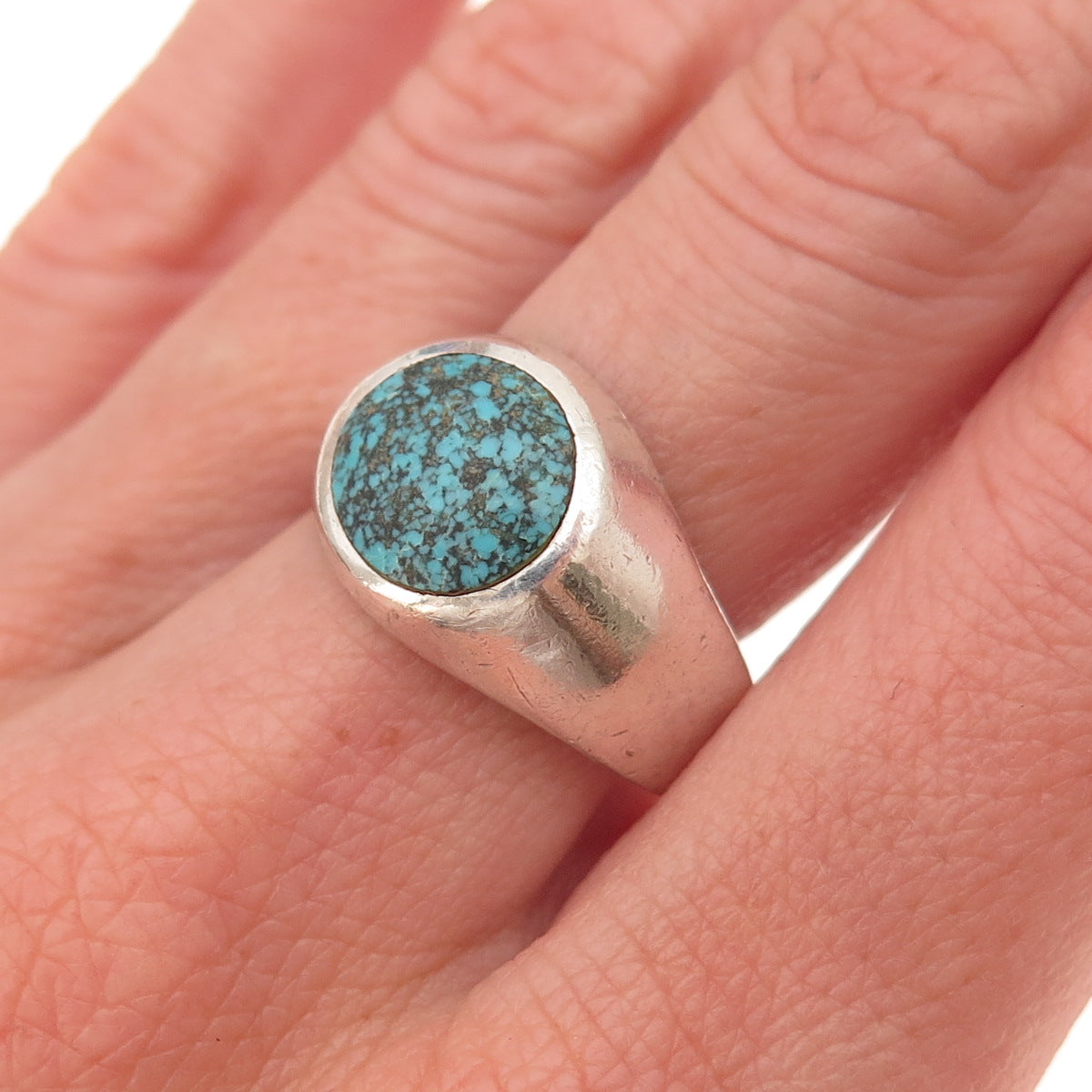 925 Sterling Silver Vintage Real Peacock Turquoise Signet Ring Size 8.25