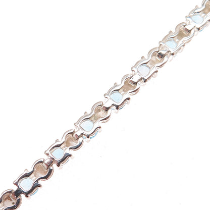 925 Sterling Silver Vintage Real Round-Cut Blue Topaz Tennis Link Bracelet 7.5"