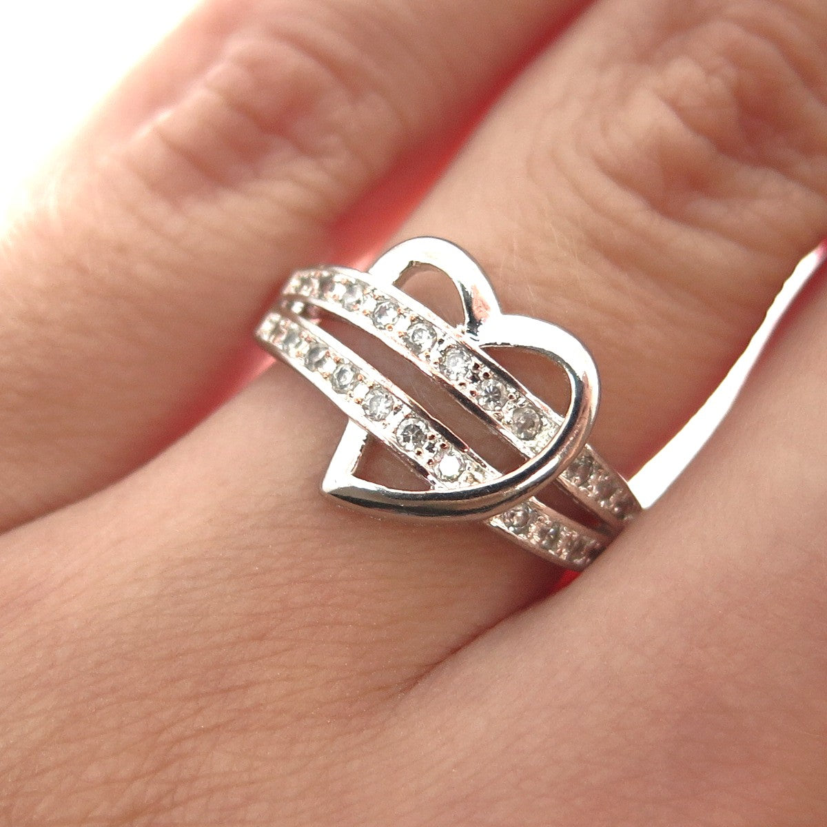 925 Sterling Silver Round-Cut C Z Heart Ring Size 5.75