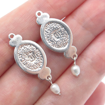 COLEMAN CO. Sterling Silver Vintage Real Malachite Inlay & Pearl Jacket Earrings