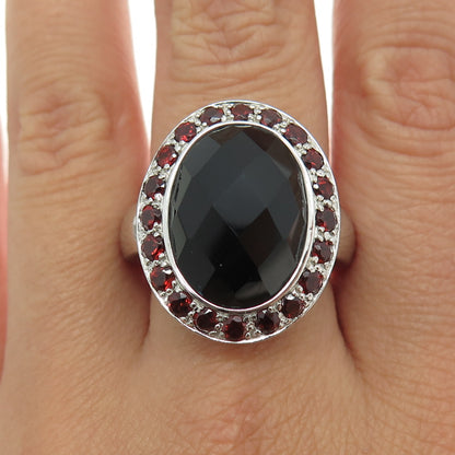 925 Sterling Silver Real Black Spinel & Red Garnet Ring Size 10