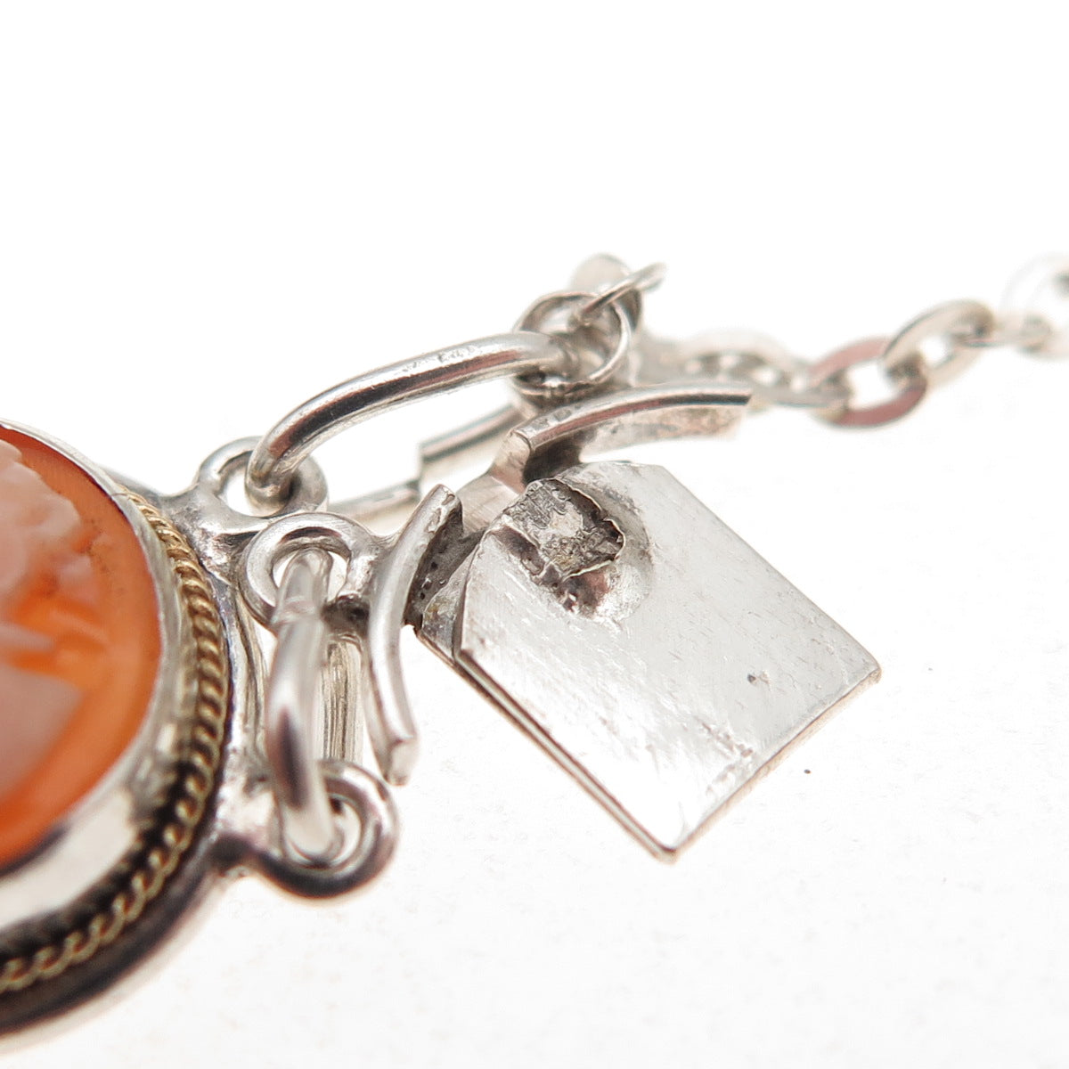 800 Silver Vintage Italy Real MOP Carved Lady Cameo Bracelet 7" (broken lock)