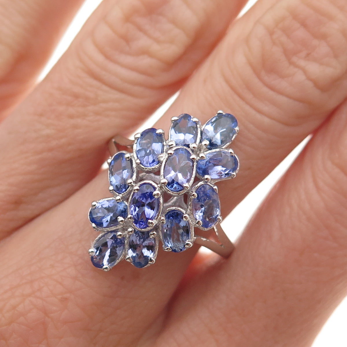 Chuck Clemency 925 Sterling Silver Real Oval-Cut Tanzanite Cluster Ring Size 8