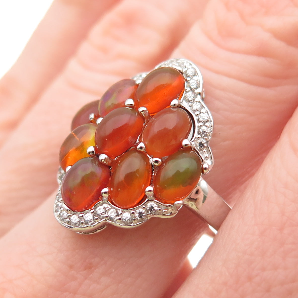 925 Sterling Silver Real Fire Opal & White Topaz Cluster Ring Size 8.25