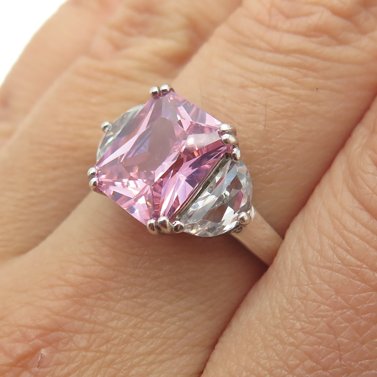 925 Sterling Silver Radiant-Cut Pink & White C Z Ring Size 7.75