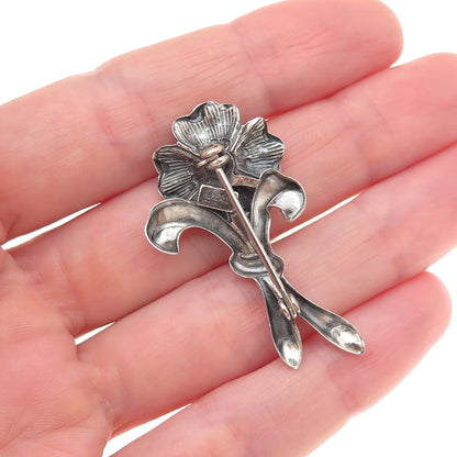 Beau 925 Sterling Silver Vintage Floral Repousse Oxidized Pin Brooch