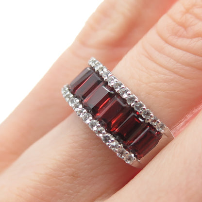 925 Sterling Silver Real Emerald-Cut Red Garnet C Z Half Eternity Ring Size 5.5