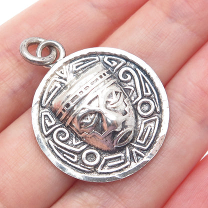 925 Sterling Silver Vintage Mexico Aztec Warrior Mask Oxidized Charm Pendant