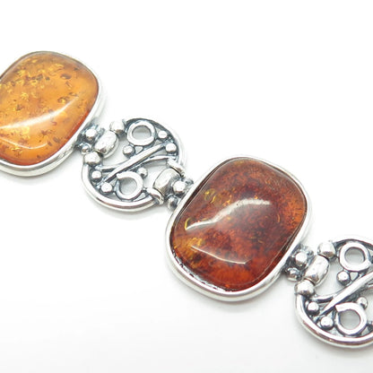 925 Sterling Silver Real Cabochon Amber Panel Swirl Link Bracelet 5.75
