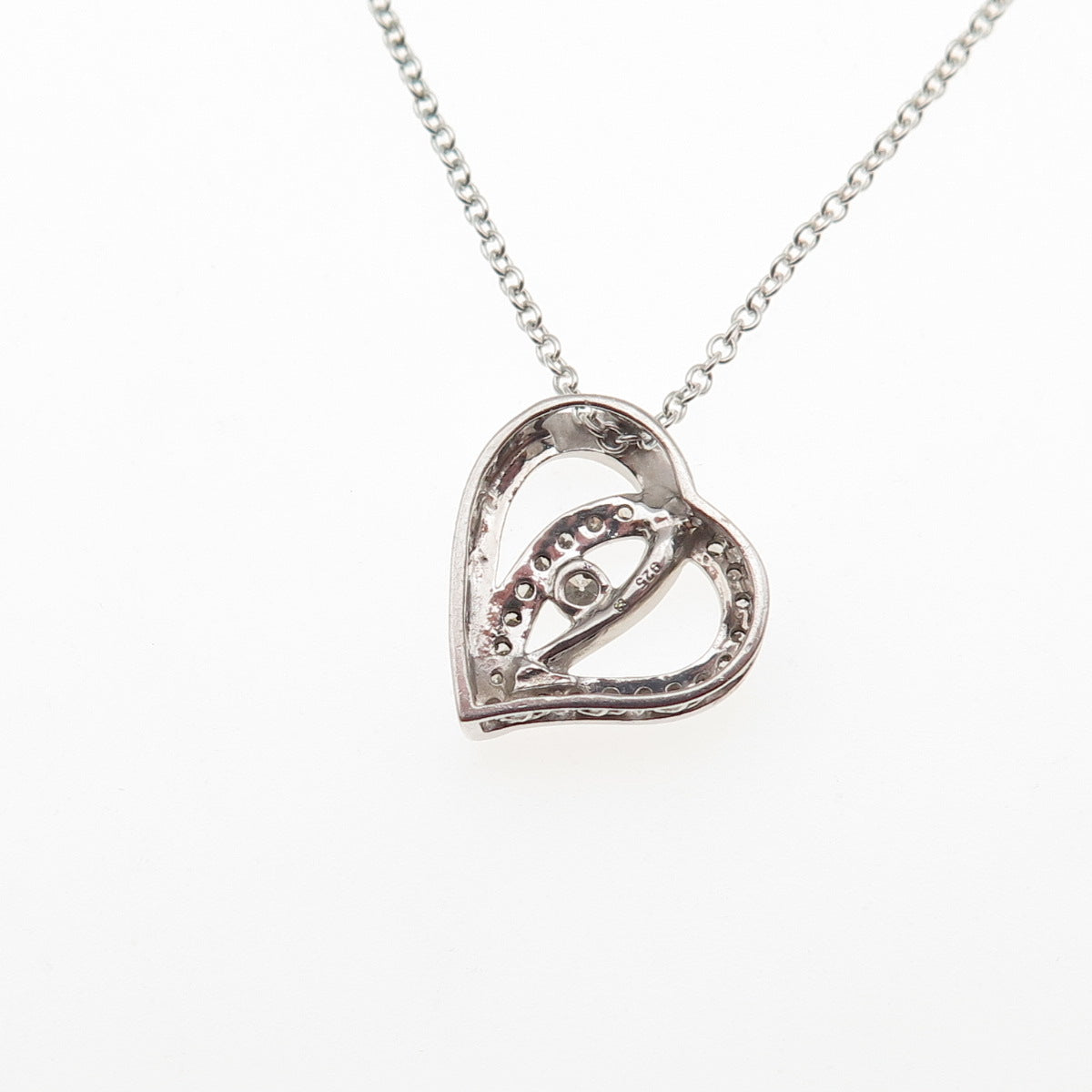 925 Sterling Silver Real Round-Cut Diamond Heart Cable Chain Necklace 18"