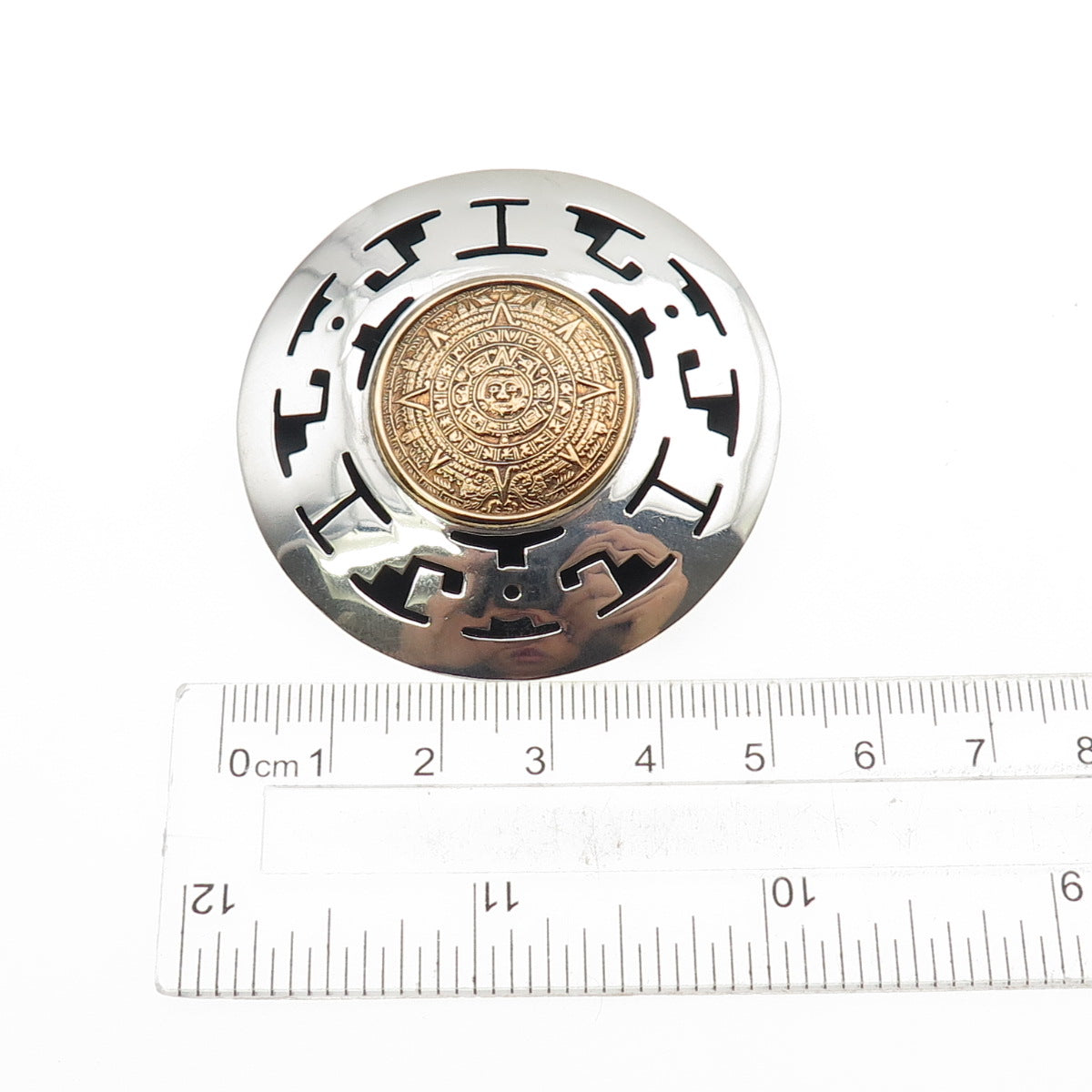 925 Sterling Silver 2-Tone Vintage Mexico Mayan Calendar Pin Brooch / Pendant