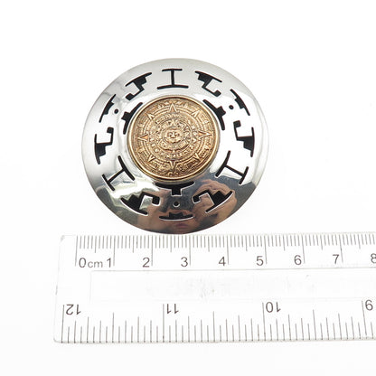 925 Sterling Silver 2-Tone Vintage Mexico Mayan Calendar Pin Brooch / Pendant