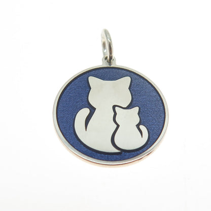 925 Sterling Silver Blue Enamel Mom & Child Cat Round Minimalist Charm Pendant