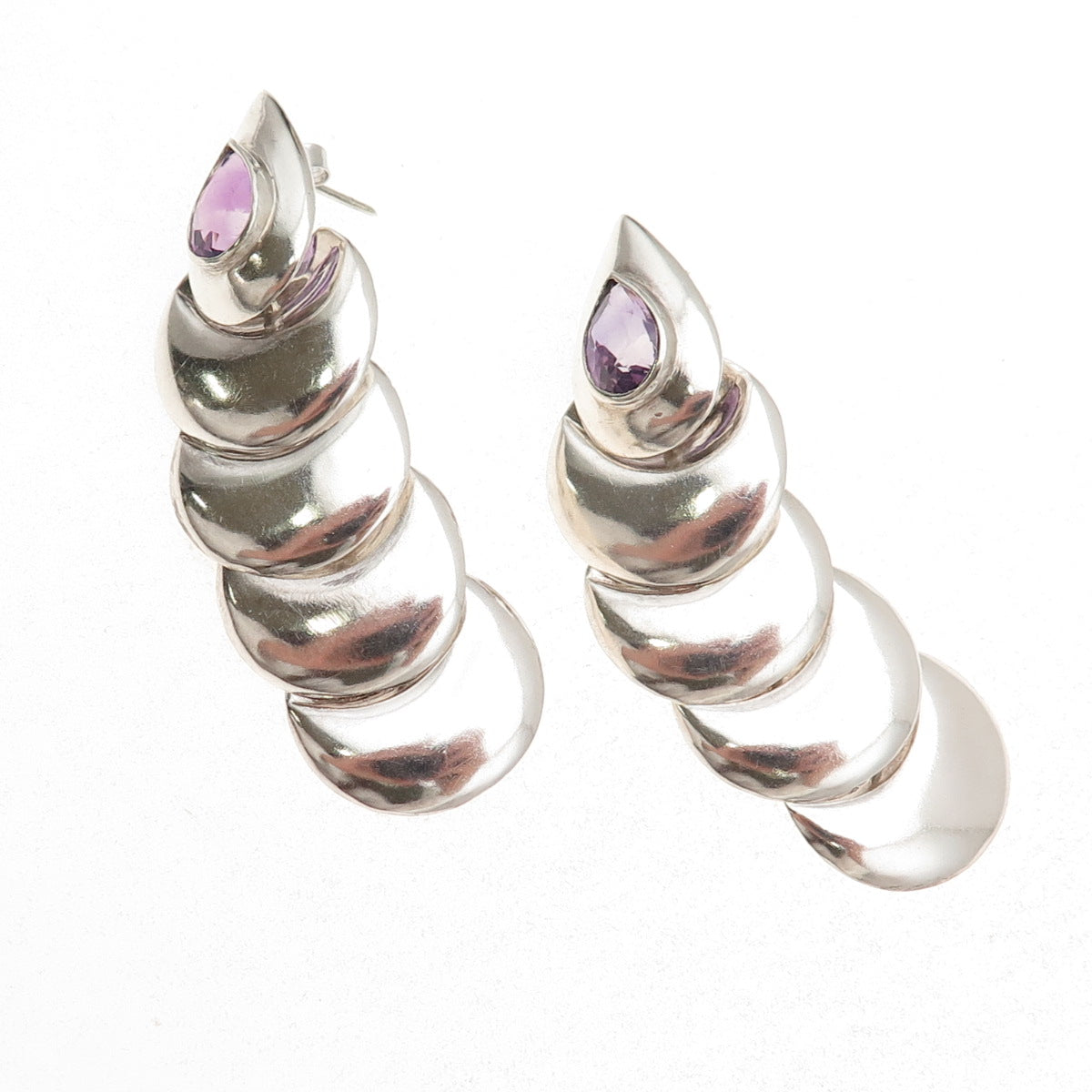 925 Sterling Silver Vintage Real Amethyst Modernist Oxidized Dangle Earrings