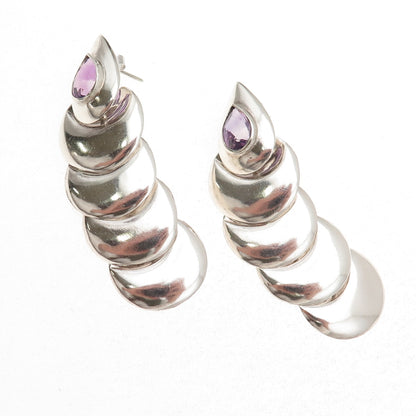 925 Sterling Silver Vintage Real Amethyst Modernist Oxidized Dangle Earrings