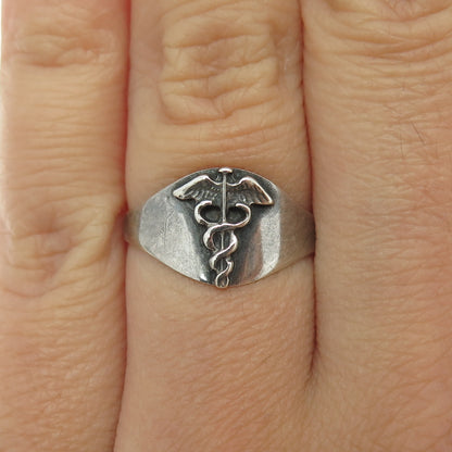 CHARLES M ROBBINS 925 Sterling Silver Vintage Caduceus Symbol Ring Size 7