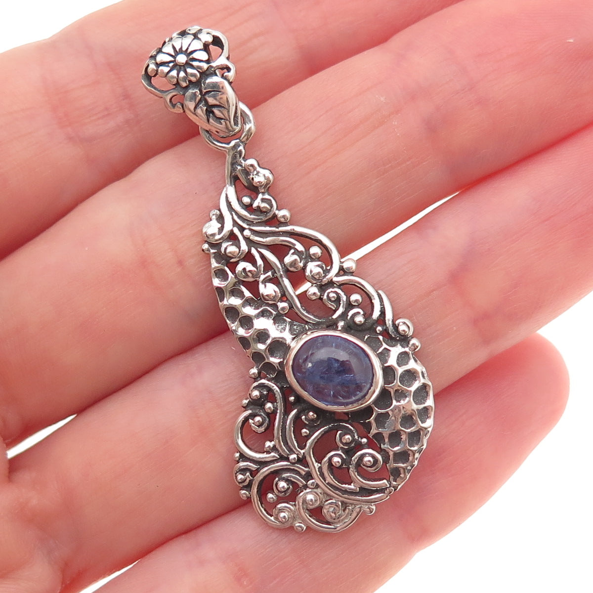 925 Sterling Silver Vintage Real Iolite Floral Oxidized Charm Pendant