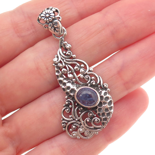 925 Sterling Silver Vintage Real Iolite Floral Oxidized Charm Pendant