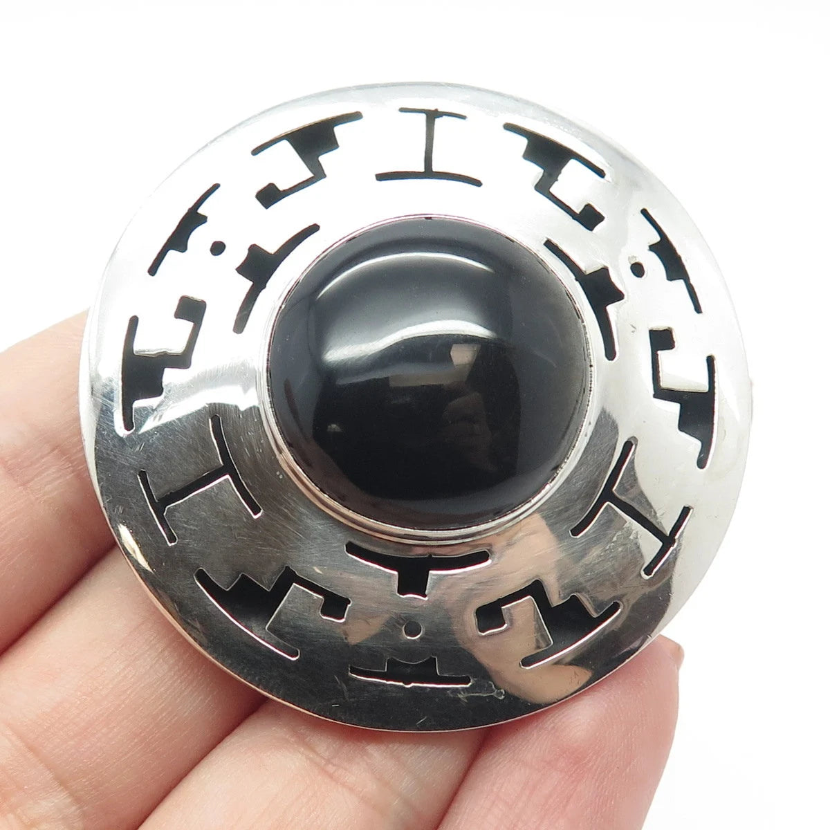 925 Sterling Silver Vintage Mexico Real Black Onyx Gem Maze Pin Brooch / Pendant
