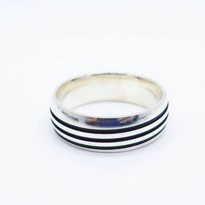 925 Sterling Silver Vintage Enamel Striped Band Ring Size 9.75
