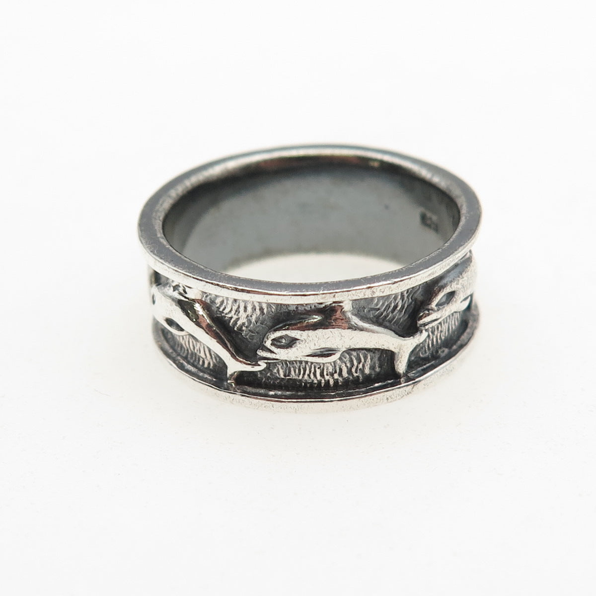 925 Sterling Silver Vintage Dolphin Oxidized Band Ring Size 8.25