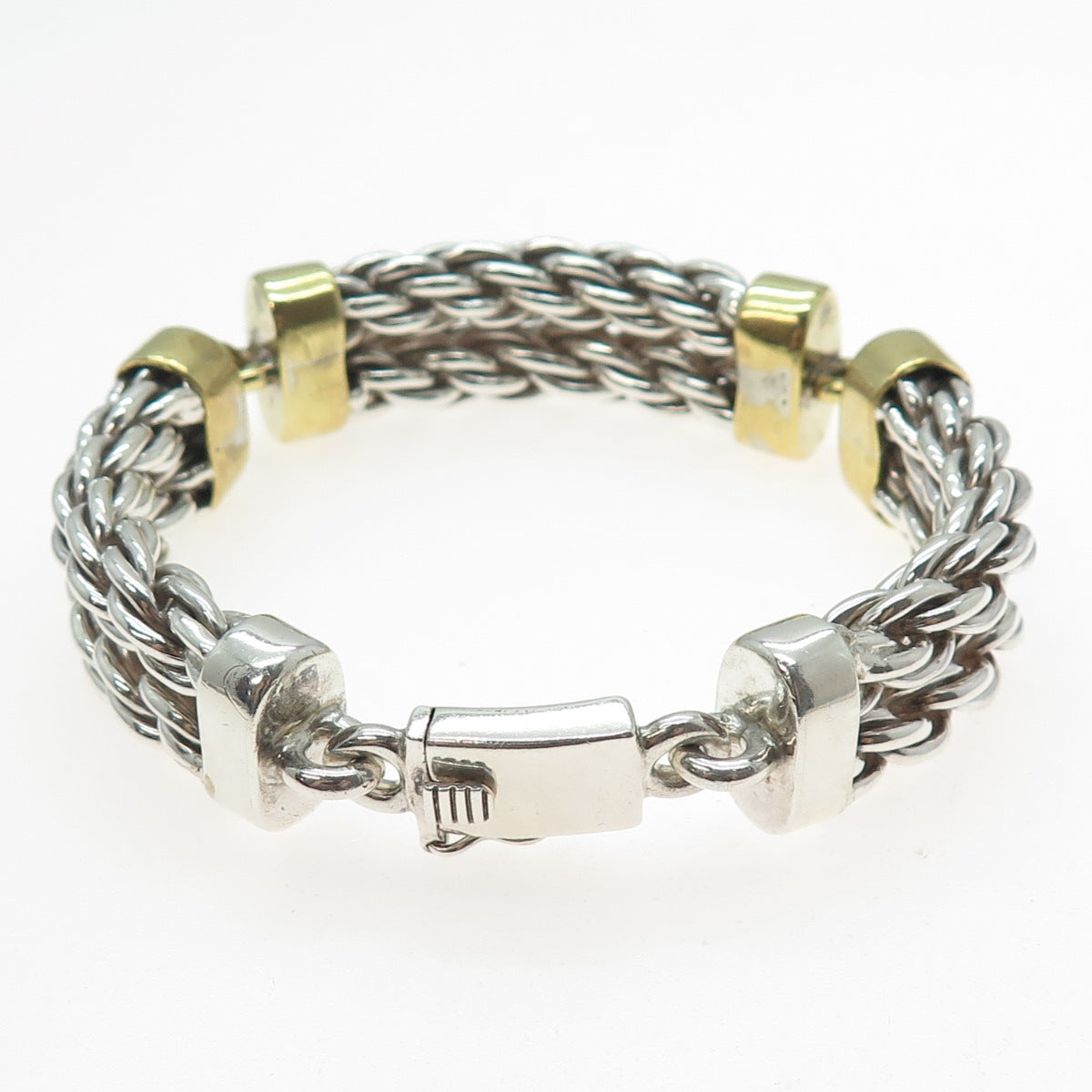 925 Sterling Silver & Brass Vintage Mexico Twisted Rope Panel Link Bracelet 7"