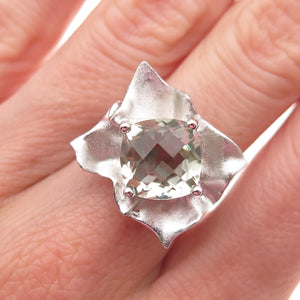 Effy 925 Sterling Silver Real Cushion-Cut Green Amethyst Floral Ring Size 6.25