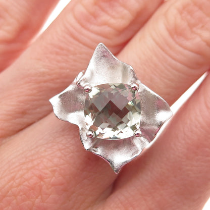 Effy 925 Sterling Silver Real Cushion-Cut Green Amethyst Floral Ring Size 6.25