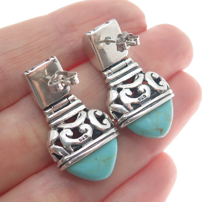 925 Sterling Silver Vintage Real Kingman Turquoise Gem Boho-Style Drop Earrings
