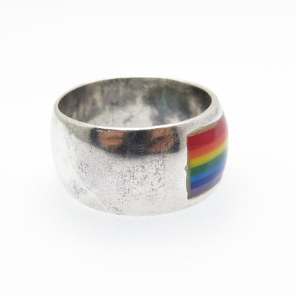 925 Sterling Silver Vintage Enamel Rainbow Band Ring Size 10