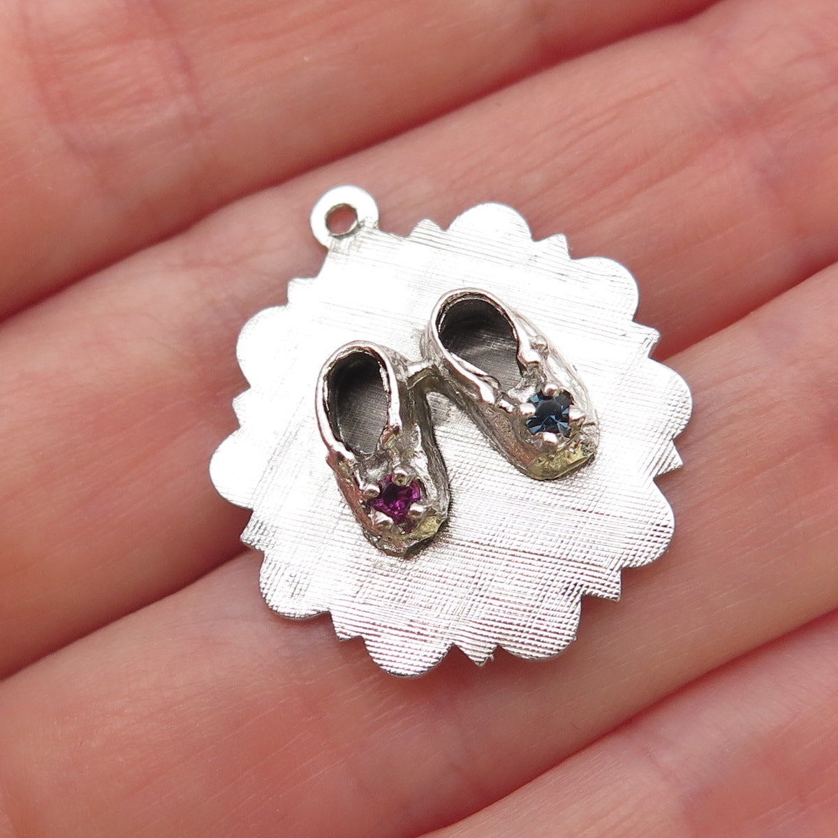 925 Sterling Silver Vintage Blue & Pink Rhinestone Baby Shoes Charm Pendant