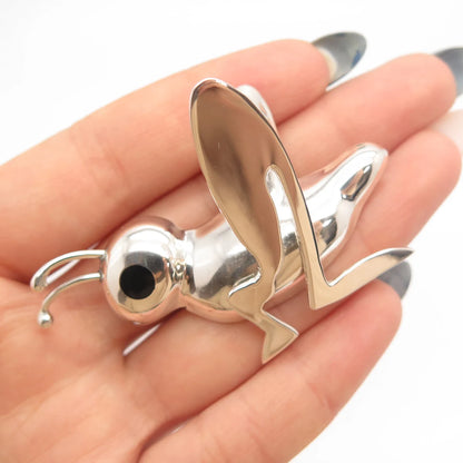 925 Sterling Silver Vintage Mexico Real Black Onyx Gem Grasshopper Pin Brooch