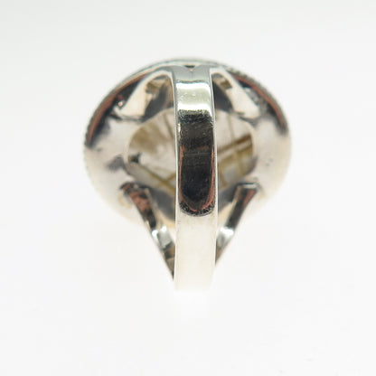 925 Sterling Silver Vintage Real Cabochon Rutilated Quartz Swirl Ring Size 9.75