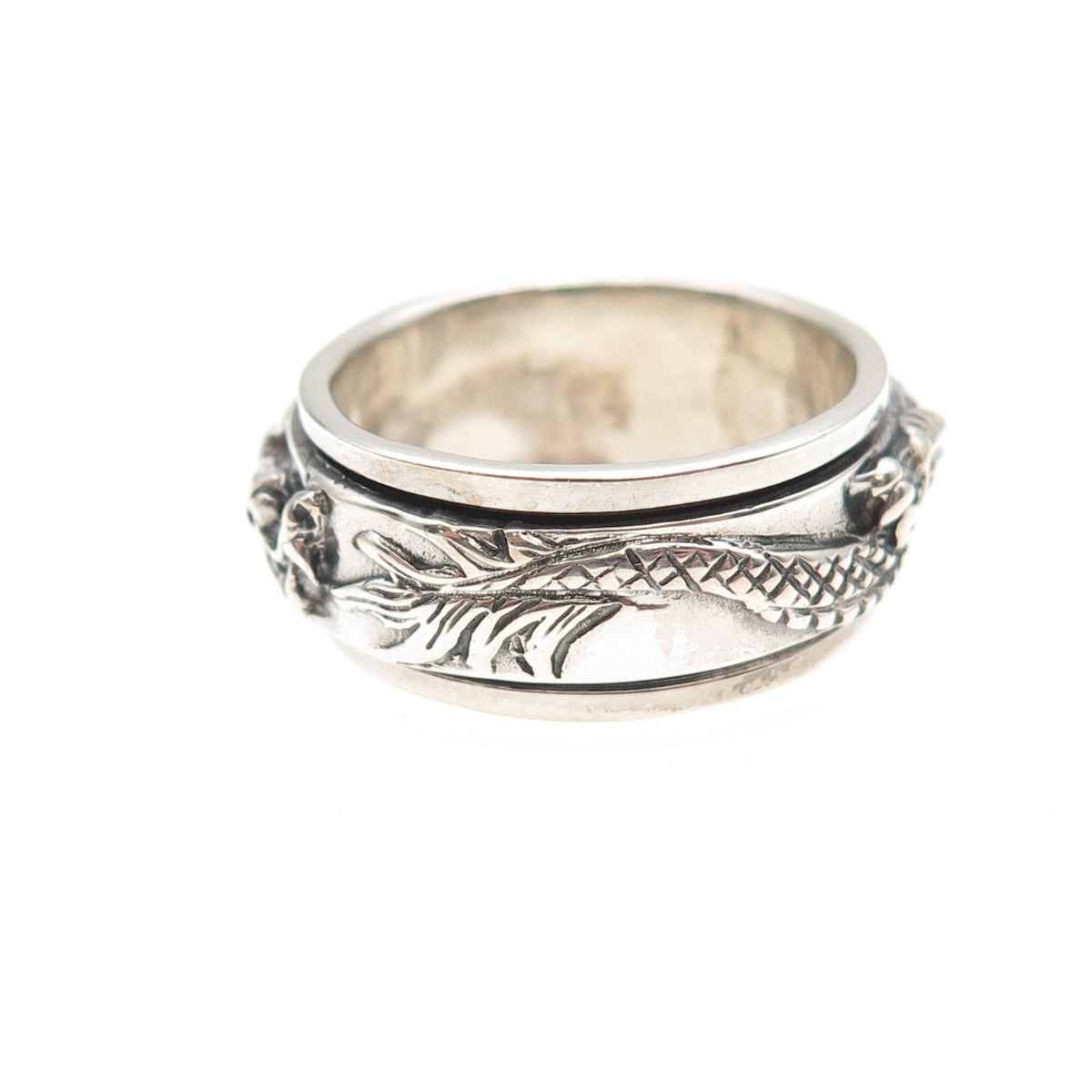 925 Sterling Silver Vintage Dragon Oxidized Rotating Band Ring Size 7.75