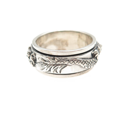 925 Sterling Silver Vintage Dragon Oxidized Rotating Band Ring Size 7.75