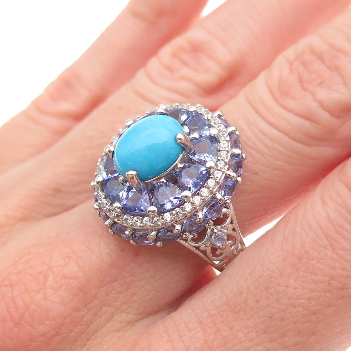 Chuck Clemency 925 Sterling Silver Real Turquoise Tanzanite Topaz Ring Size 8.25