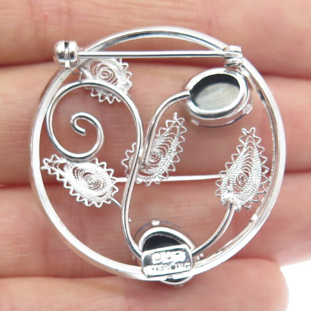 D'OR 925 Sterling Silver Vintage Real Hematite Filigree Floral Leaf Pin Brooch