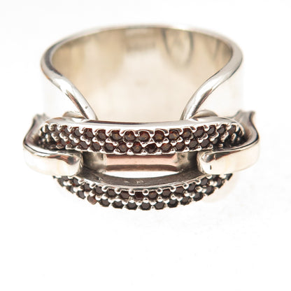 Aziz Kahili 925 Sterling Silver Vintage Real Red Garnet Modernist Ring Size 7.5