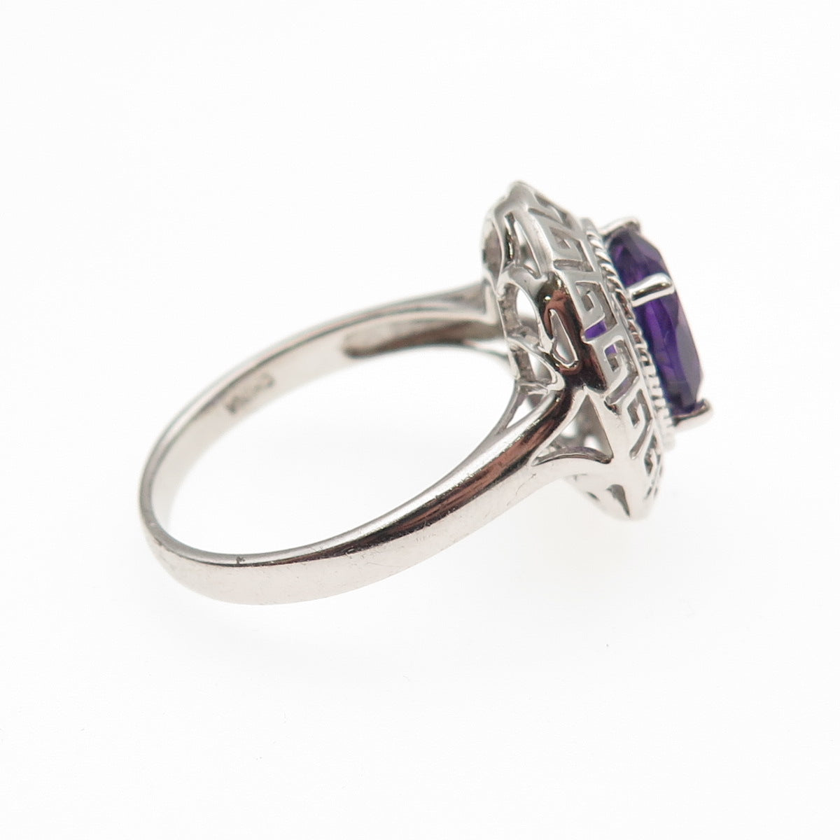 925 Sterling Silver Real Oval-Cut Amethyst Greek Key Ring Size 9