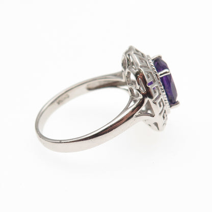 925 Sterling Silver Real Oval-Cut Amethyst Greek Key Ring Size 9