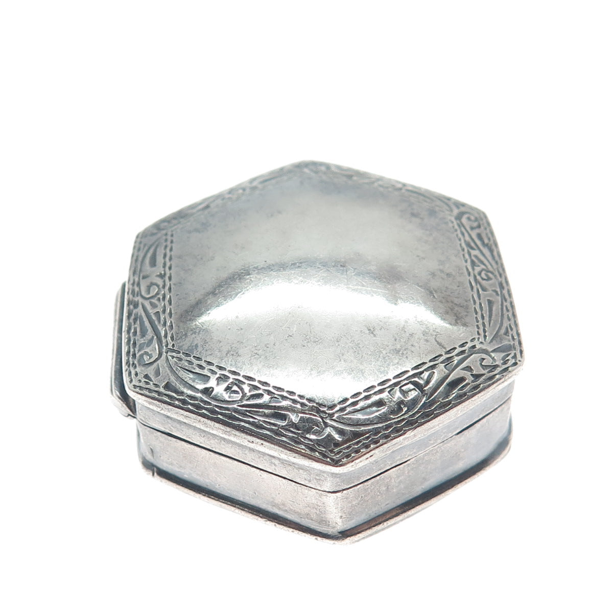 925 Sterling Silver Vintage Engraved Hexagon Oxidized Pill / Snuff Box