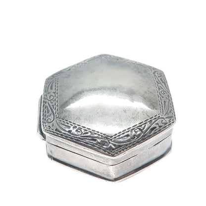 925 Sterling Silver Vintage Engraved Hexagon Oxidized Pill / Snuff Box