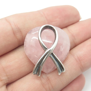 925 Sterling Silver Vintage Shube Real Rose Quartz Cancer Awareness Pin Brooch