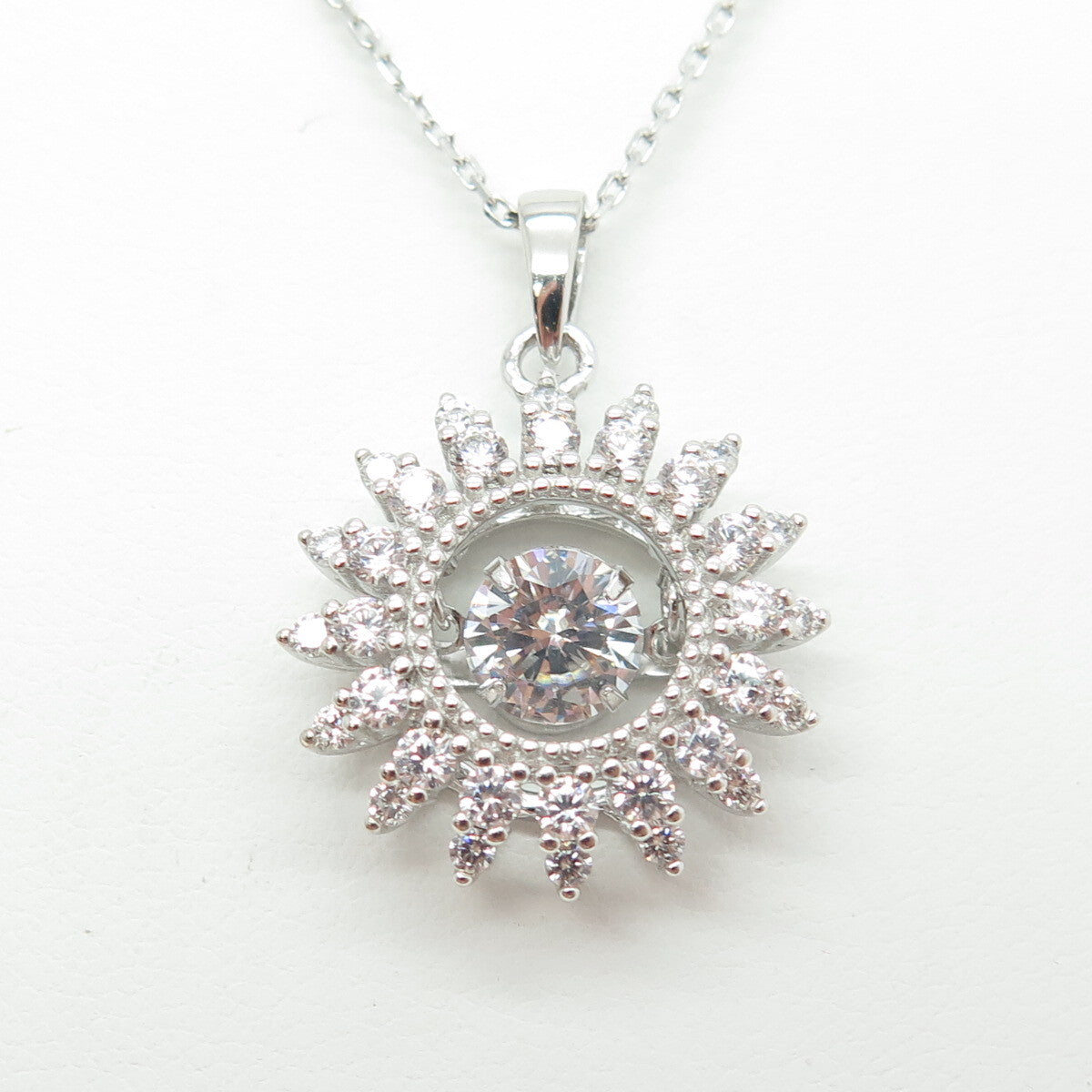 925 Sterling Silver Round-Cut C Z Flower Cable Chain Necklace 18"