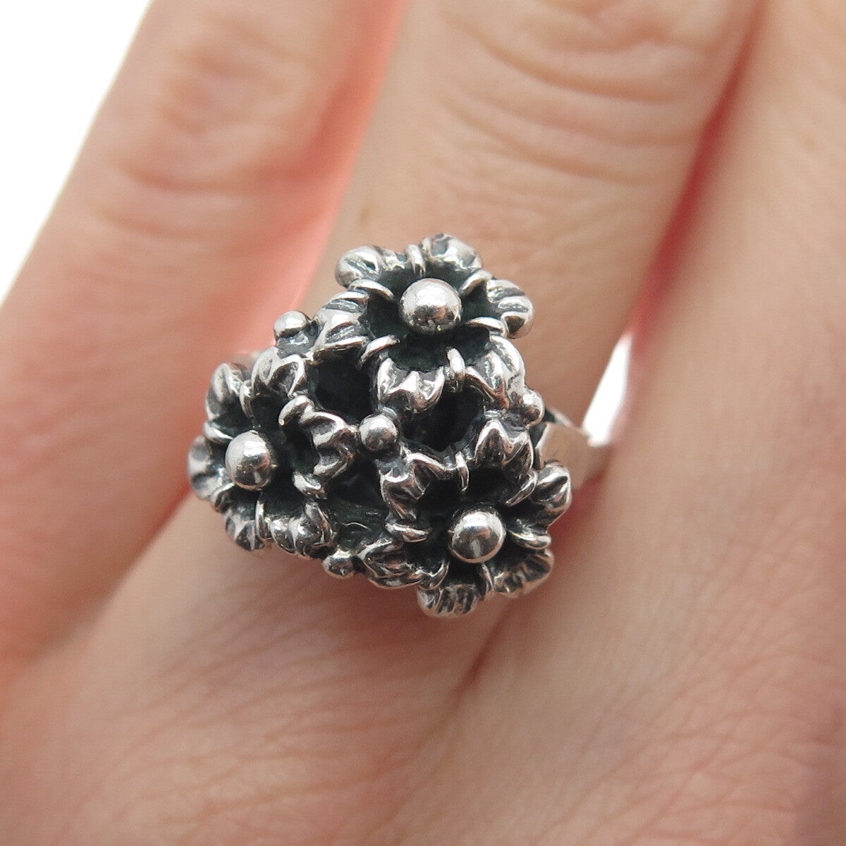 DIADEMA 925 Sterling Silver Antique Art Deco Flower Oxidized Ring Size 6.25