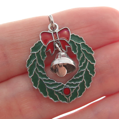 WELLS 925 Sterling Silver Vintage Enamel Christmas Bell & Bow Wreath Pendant